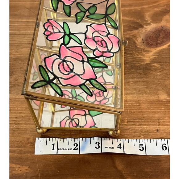 Vintage Stained Glass Jewelry Trinket Box Pink Rose Floral Brass - Picture 10 of 11